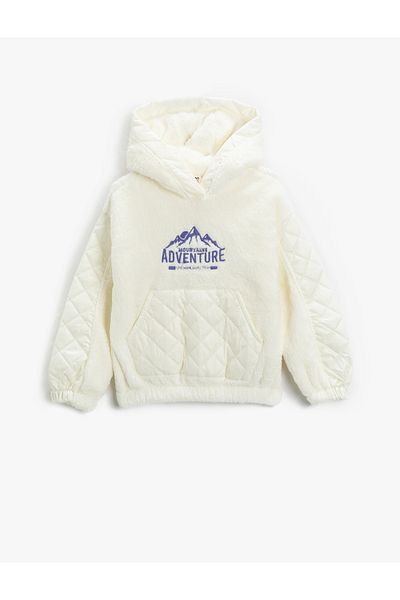 Koton Plush Hooded Sweatshirt Quilted Detailed Kangaroo Pocket Embroidered