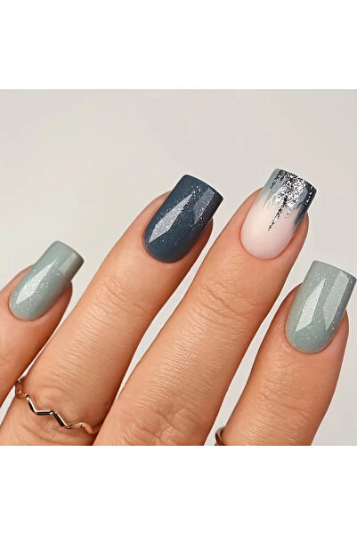 NAİL ART 24 Parça Kare French Simli Takma Tırnak Seti