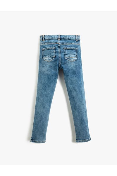 Koton Pantaloni din denim cu detaliu uzat, buzunar din bumbac - Jean subțire cu talie elastică reglabilă