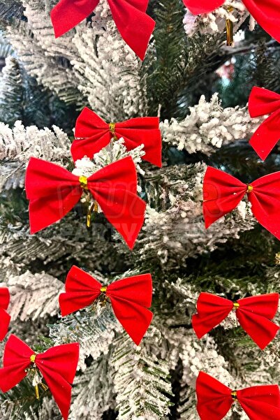 Huzur Party Store 12'li Kadife Fiyonk Yılbaşı Yeni Yıl Ağacı Süsü Kırmızı Renkli Gold Ipli Çam Ağacı Süsleri 5x5 Cm