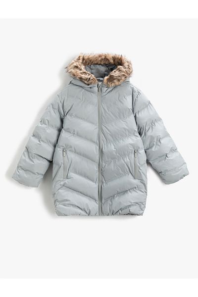 Koton Long Puffer Jacket Faux Fur Detailed Hooded Zippered Pocket