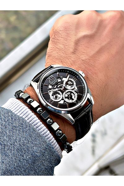 Ferrucci Black Color Leather Cord Function Men's Wrist Watch + Bracelet with Gift