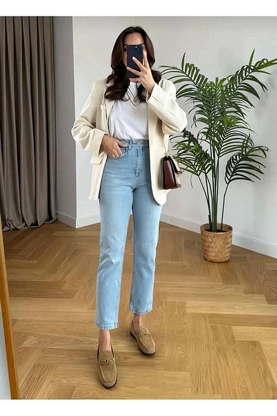 TOFİSA Blugi de damă, uni, medii, albastru închis, slim fit Mom - 13360