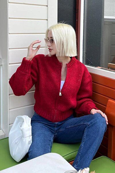 NATUFIAN STORE Kadın Kırmızı Fermuarlı Triko Hırka