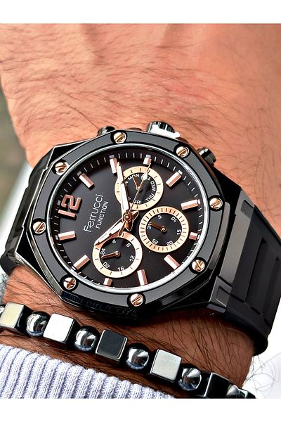 Ferrucci Black Color Silicone Sports Men's Wrist Watch + Bracelet with Gift