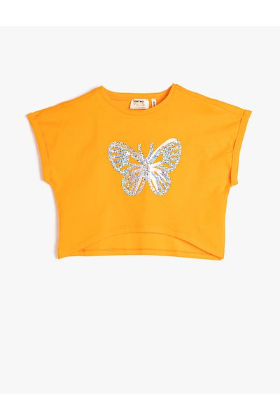Koton Cotton Oversize Crop T-Shirt - Short Sleeve and Sequin Detail