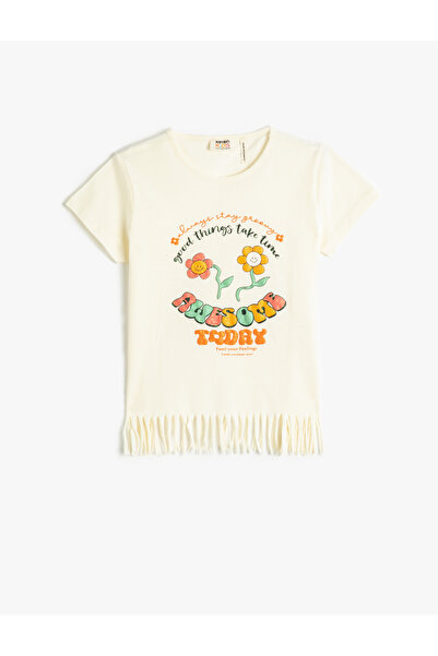Koton Cotton Short Sleeve T-Shirt - Tassels and Printed Glitter