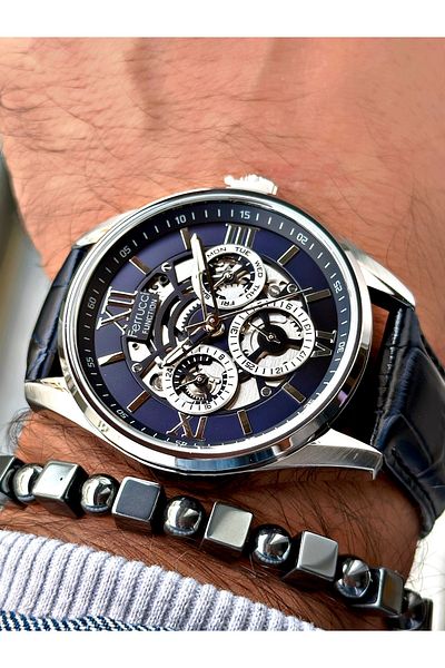 Ferrucci Navy Blue Color Leather Cord Function Men's Wrist Watch + Bracelet Gift