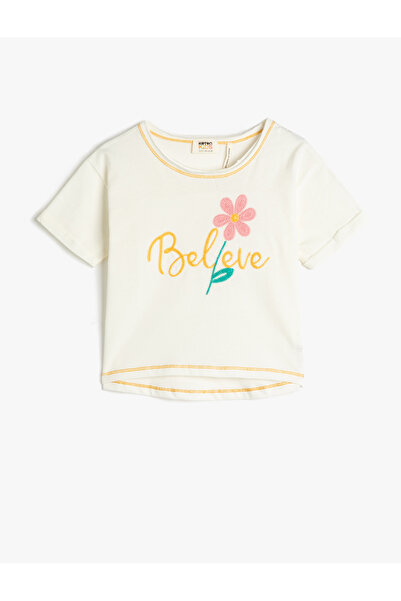 Koton Tricou cu mânecă scurtă, brodat cu flori, decolteu tip crew, din bumbac