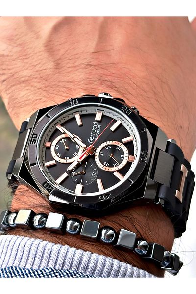 Ferrucci Black Sports Silicone Band Men's Wrist Watch + Bracelet with Gift