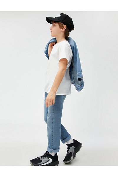 Koton Pantaloni din denim cu detaliu uzat, buzunar din bumbac - Jean subțire cu talie elastică reglabilă