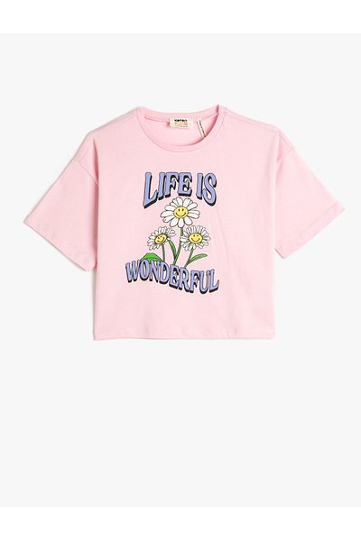 Koton Tricou oversize crop, cu mânecă scurtă, decolteu, bumbac imprimat