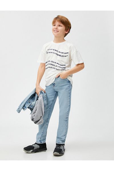 Koton Pantaloni din denim picior drept cu talie normală bumbac - blugi drepti cu talie elastică reglabilă
