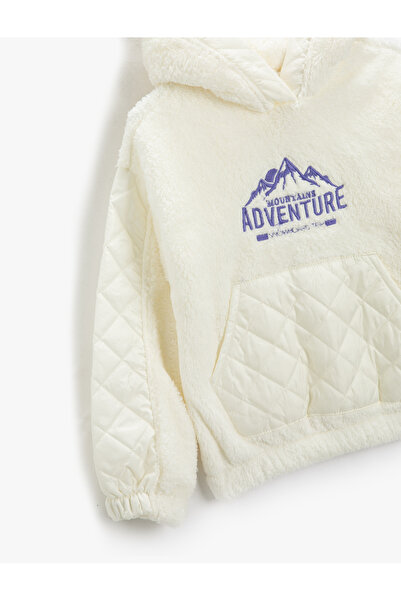 Koton Plush Hooded Sweatshirt Quilted Detailed Kangaroo Pocket Embroidered