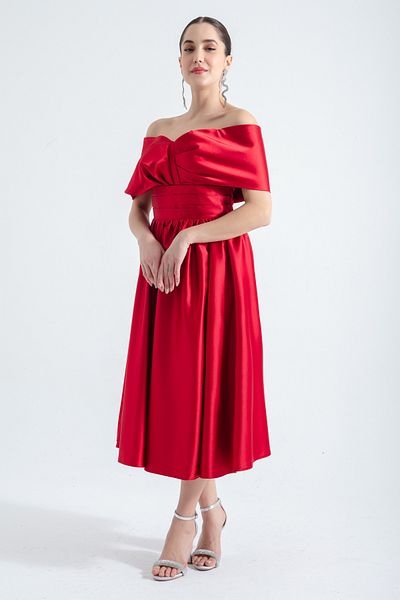 Lafaba Rotes ausgestelltes Midi-Abendkleid aus Satin mit U-Boot-Ausschnitt für Damen