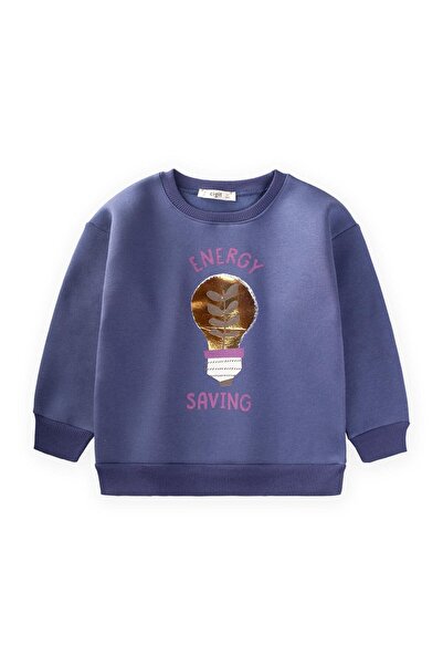 Cigit Varak Baskılı Kız Sweatshirt 3-10 Yaş Saks Mavi