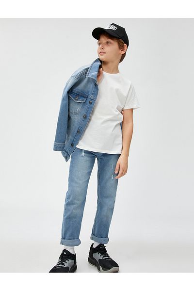Koton Pantaloni din denim cu detaliu uzat, buzunar din bumbac - Jean subțire cu talie elastică reglabilă