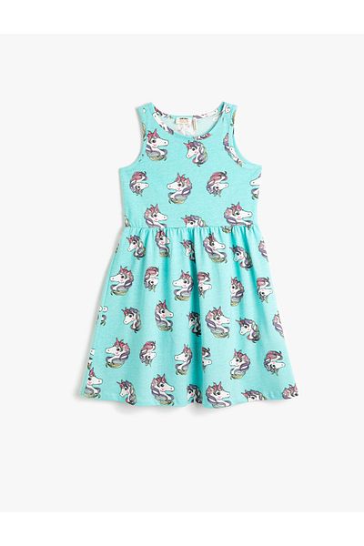 Koton Ärmelloses Kleid aus gekämmter Baumwolle mit Rundhalsausschnitt und Einhorn-Print aus Baumwolle