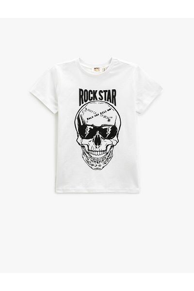 Koton T-Shirt mit Totenkopf-Print, kurzärmelig, Rundhalsausschnitt aus Baumwolle