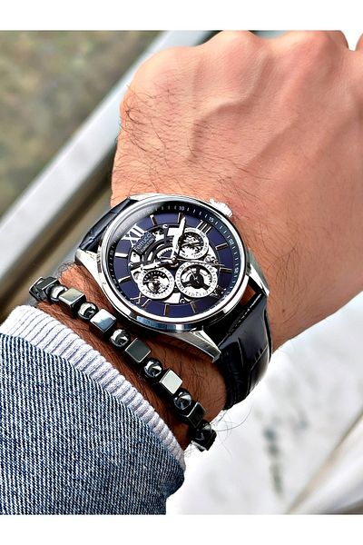Ferrucci Navy Blue Color Leather Cord Function Men's Wrist Watch + Bracelet Gift