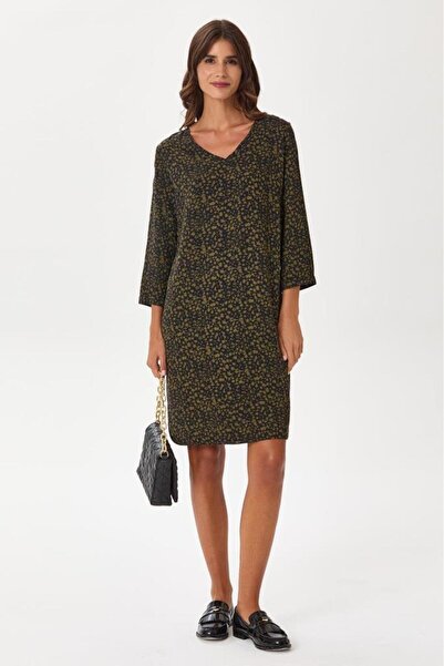 İKİLER V Yaka Duble Kol Eteği Oval Desenli Elbise 245-4007