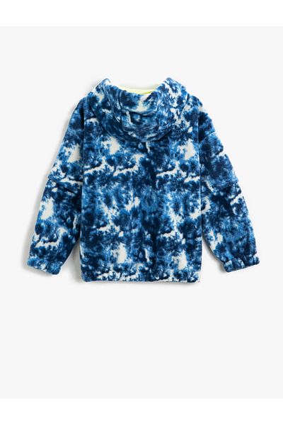 Koton Fleece Hooded Sweatshirt with Half Zipper, Batik Pattern, Elastic Waist and Cuffs