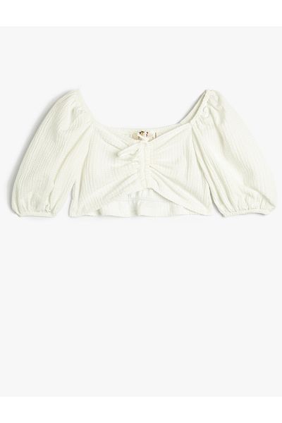 Koton Crop T-shirt Gathered μπροστινά κοντά μανίκια από μπαλόνι με υφή