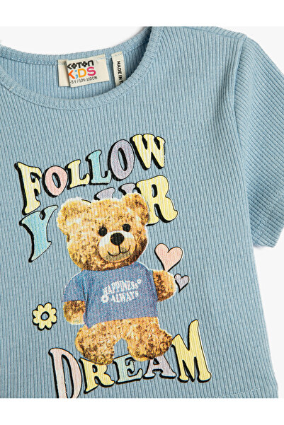 Koton Crop Tričko s krátkým rukávem Crew Výstřih Potištěný Žebrovaný