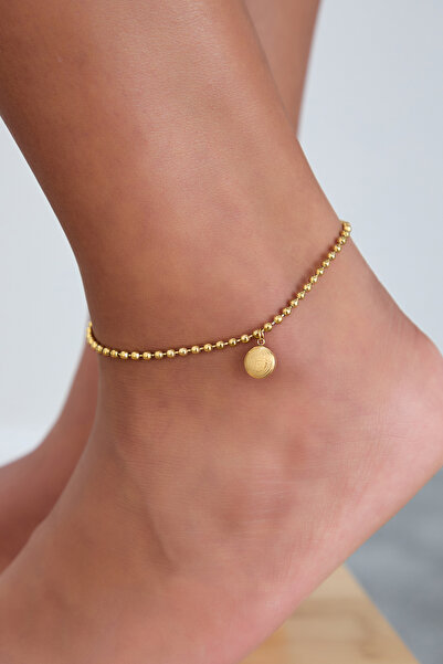 Lina Tia Kadın Ortası Topcuk Desen Sallantılı Boncuk Zincirli Model Altın Kaplama Çelik Halhal Ayak Takısı