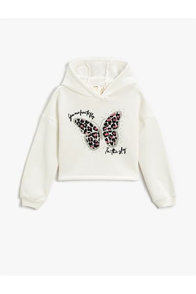 Koton Crop Hooded Sweatshirt Printed