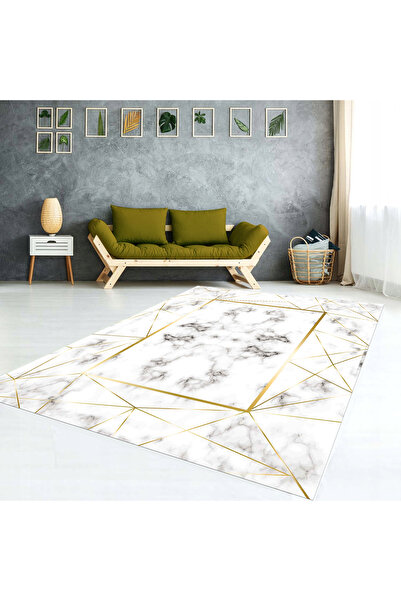 AACAP Gold Detail Marble Patterned, Modern Washable, Elastic Carpet Cover