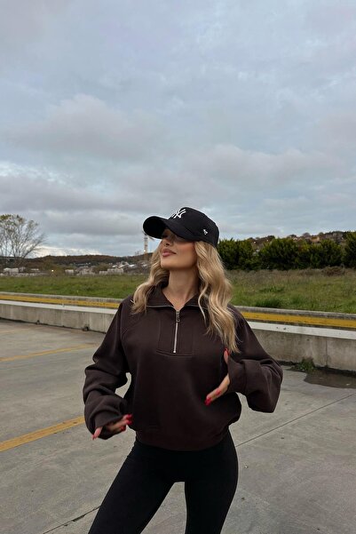 mylove Fermuarlı Zip Detay Crop Sweatshirt Kahve