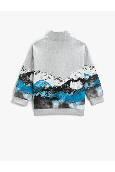 Koton High Collar Sweat Half Zipper Detailed Nature Themed Landscape Printed