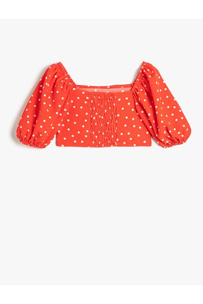 Koton Crop Blouse Short Balloon Sleeve Bow Detail Polka Dot