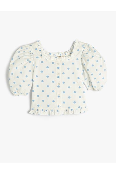 Koton Crop Shirt Balloon Sleeve Square Collar Ruffle
