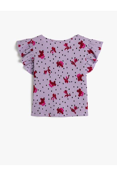 Koton Floral T-Shirt Textured Round Neck Ruffles