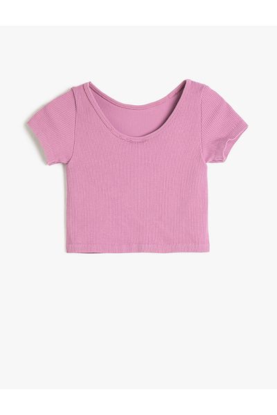 Koton Crop T-Shirt Deep Round Neck Short Sleeve Ribbed