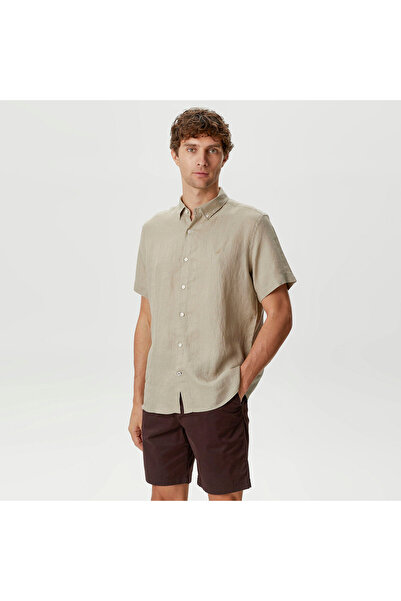Nautica Erkek Bej Classic Fit Kısa Kollu Keten Gömlek