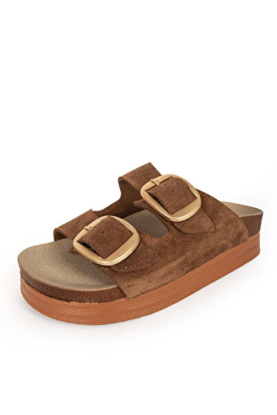 Dericlub Tan Suede Leather Γυναικείες Παντόφλες - Διπλό λουράκι και αγκράφα Zy 7774