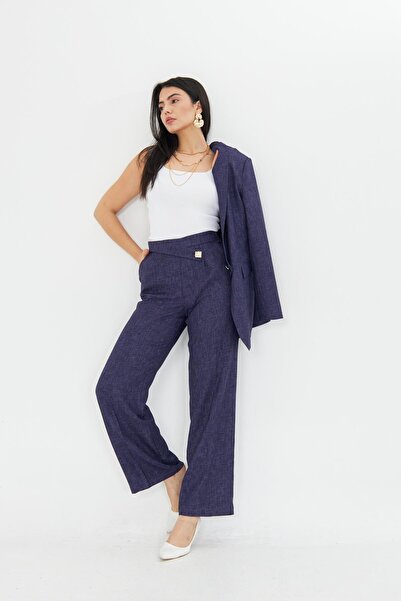 LOVELF Kare Düğmeli Yünefekt Takım Lacivert Desenli