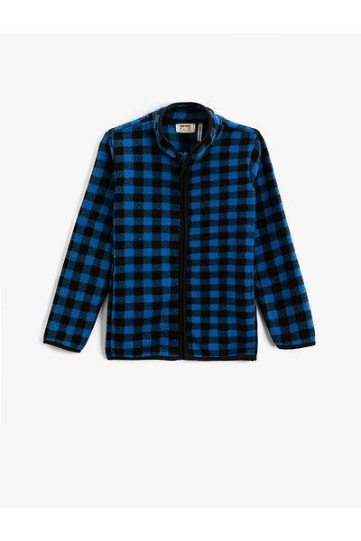 Koton Fleece Cardigan Plaid Stand Collar Zipper Long Sleeve