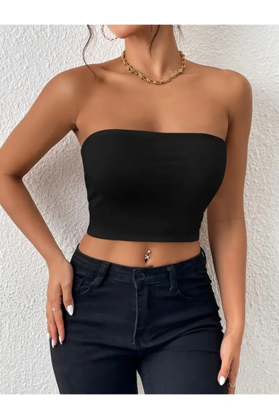 Olyssia Жіноче чорне бюст'є без бретелей - Блузка з стрейч-бандо з однотонної тканини - Базовий стильний повсякденний топ - Базовий стильний повсякденний топ