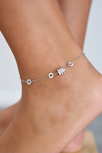 Lina Tia Kadın 3 Sıra Birleşik Halka Model Zirkon Taşlı Zincir Sayı Halkalı Gümüş Kaplama Çelik Halhal Takı