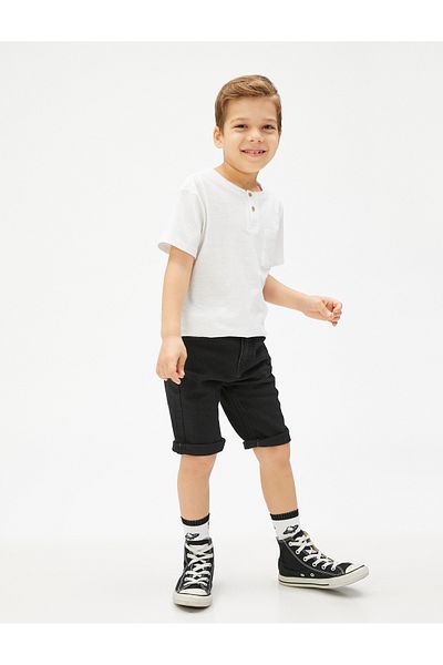Koton Pantaloni scurți din denim din bumbac - blugi drepti cu talie elastică reglabilă