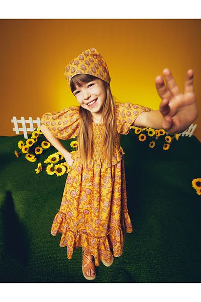 Koton Kleid mit Blumenmuster, Ballonärmeln, quadratischem Kragen aus Baumwolle, gefüttert