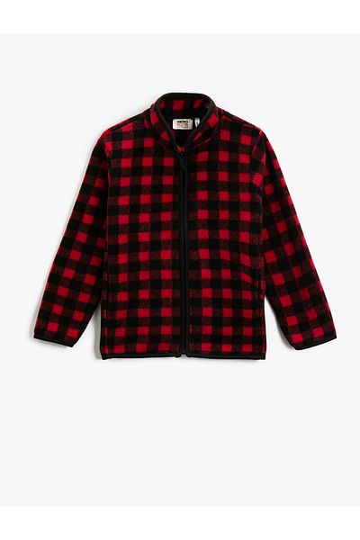 Koton Fleece Cardigan Plaid Stand Collar Zipper Long Sleeve