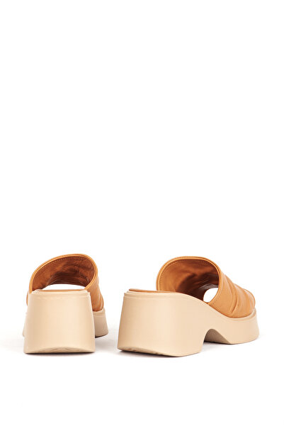 Dericlub Women's Platform Heel Slippers - Genuine Leather, Zy 7841, Caramel