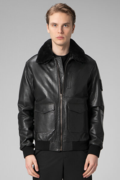 Dericlub DERİCLUB Montreal Erkek Hakiki Deri Jumbo Yaka Kürklü Pilot Mont SİYAH