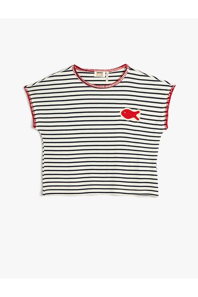 Koton T-Shirt Crew Neck Short Sleeve Fishnet Applique Detailed