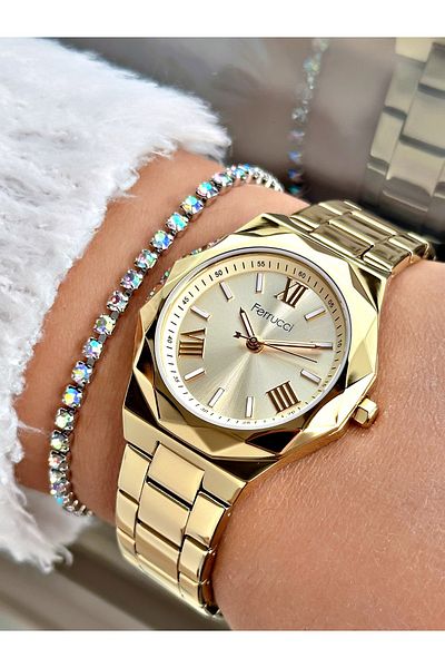 Ferrucci Gold Color Steel Cord Star Model Women's Wrist Watch + Bracelet